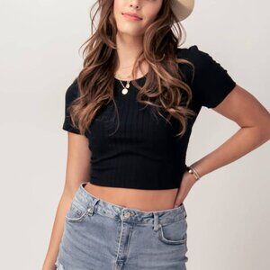 NWT Rin Knit Open Tie Back Cropped Top in Black Size Large